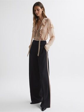 REISS Lina High Rise Wide Leg Trousers Black w/ pink stripe - Size 12